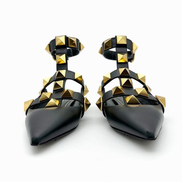 VALENTINO Roman Rockstud Black Gold Cage Flat 38.5 Pointed Toe Leather Gladiator - Picture 6 of 15